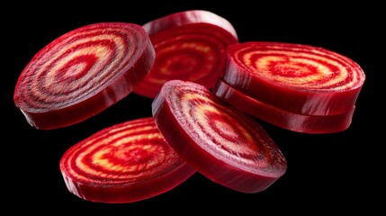 Floating Sliced Beets with Spiral Patterns and Rich Deep Red Color Against Dark Background