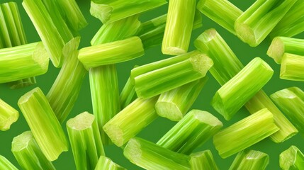 Floating Sliced Celery Sticks on a Vivid Green Backdrop Showcasing Freshness and Vibrant Color