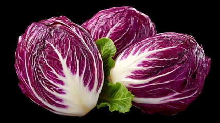 Floating Sliced Radicchio Heads Displaying Intricate Leaf Patterns Against a Black Background