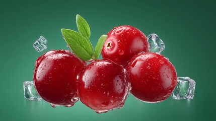 Fresh Cranberries with Ice Cubes and Green Leaves on a Vibrant Background