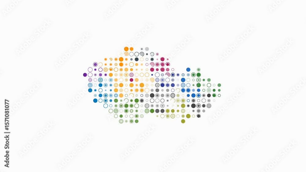 Poster czechia dotted animation. shape of the country build of pulsating colored dots. large size circle bl