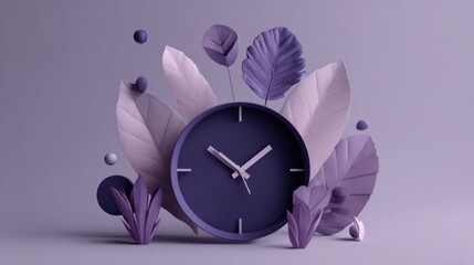 Abstract pastel clock and leaf arrangement
