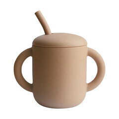 Soft beige silicone sippy cup with handles and straw isolated on transparent background