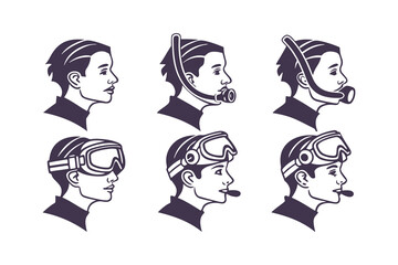 Set of Scuba Divers and Snorkelers Profile Icons. Vector Illustrations of People Wearing Diving Masks, Snorkels, and Breathing Equipment