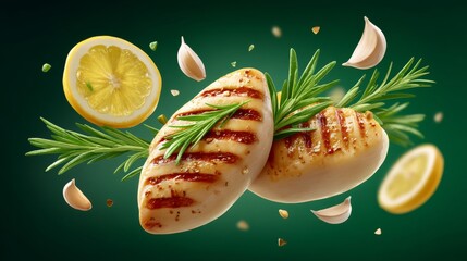 Grilled Chicken Fillets Garnished with Fresh Herbs and Lemon Slices on Vibrant Green Background