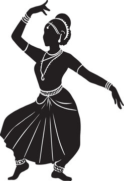 Elegant silhouette of indian dancer performing classical bharatanatyam in black and white