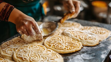 Woman's hands preparing decorative flatbreads.