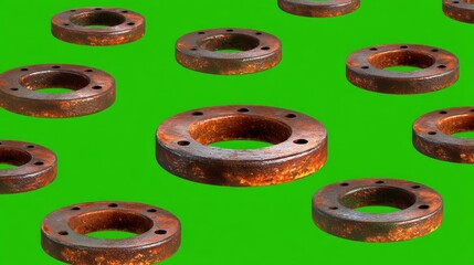 Rusty Clutch Plates Floating Against a Bright Green Background in Abstract Arrangement