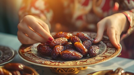 Woman's hand reaching for a date from a decorative plate.