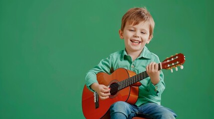 Joyful child playing guitar isolated on flat green background with copy space. Creative banner for children's music school.