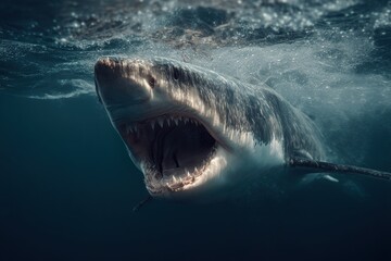 Naklejka premium Angry dangerous Great White shark with big opened mouth and sharp teeth. Ai Generative