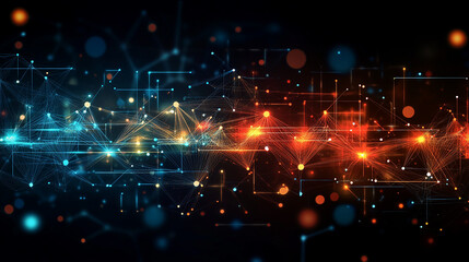 Futuristic city network with vibrant blue and orange light pathways and connections.