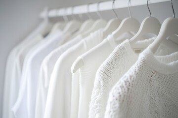 Minimalist white clothing collection on hangers, elegant modern fashion style concept
