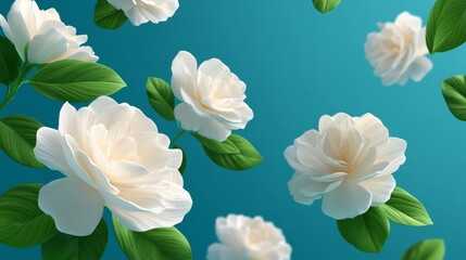 Serene Composition of Floating White Gardenias with Lush Green Leaves Against a Turquoise Background