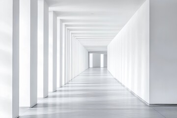 Fototapeta premium Minimalist futuristic white corridor with geometric columns and endless perspective, modern clean architecture concept