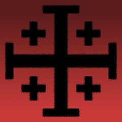 Jerusalem or Crusader cross, a historic Christian symbol, rendered in black with a distressed texture against a dramatic red background