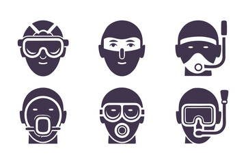 Set of Scuba Diving and Snorkeling People Icons. Vector Illustrations of Divers with Masks, Snorkels, and Breathing Gear for Water Activities