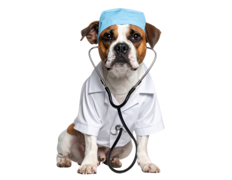  Funny Dog Dressed as a Doctor Holding a Stethoscope in Mouth, Isolated on Transparent Background