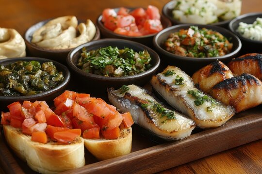 Gourmet seafood appetizer platter with various toppings in rustic bowls. Perfect for restaurant menus, food blogs, or catering service advertisements.