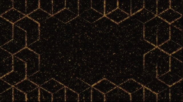 Golden led lights backdrop set, abstract crossed lines forming hexagon honeycomb and cube shapes, 8-second seamless loop video animations, flashing light bulbs, wall of lights motion graphics.