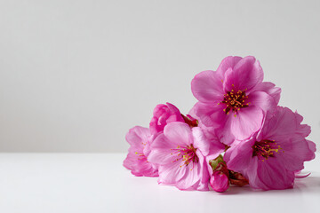 a bunch of pink flowers sitting on top of a white table