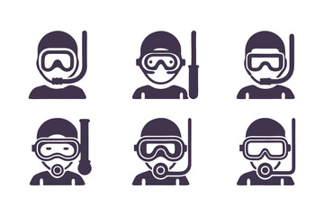 Set of Scuba Diving and Snorkeling People Icons. Vector Illustrations of Divers with Masks, Snorkels, and Breathing Gear for Water Activities