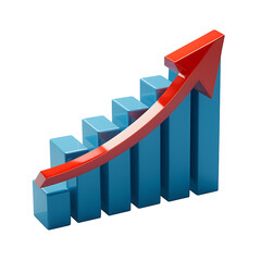 Red arrow curving upwards over blue bar graph showing financial growth and success
