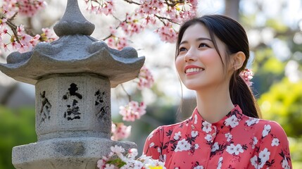 Smiling young woman in a floral dress by a traditional Japanese lantern with cherry blossoms.