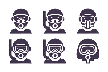 Set of Scuba Diving and Snorkeling People Icons. Vector Illustrations of Divers with Masks, Snorkels, and Breathing Gear for Water Activities