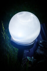 Small garden LED light among decorative grass on the lawn.