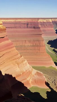 Witness the breathtaking layers of colorful rock in the desert canyons as sunlight illuminates the unique geological features during a clear morning.
