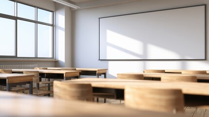 Modern classroom interior with wooden desks and chairs, bright sunlight streaming through windows