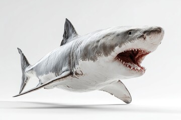 Great White shark with big opened mouth and sharp teeth isolated on white background. Generative Ai