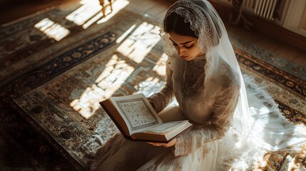 Woman in vintage dress reading a book on a patterned rug.