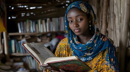 Young girl engrossed in reading a book.