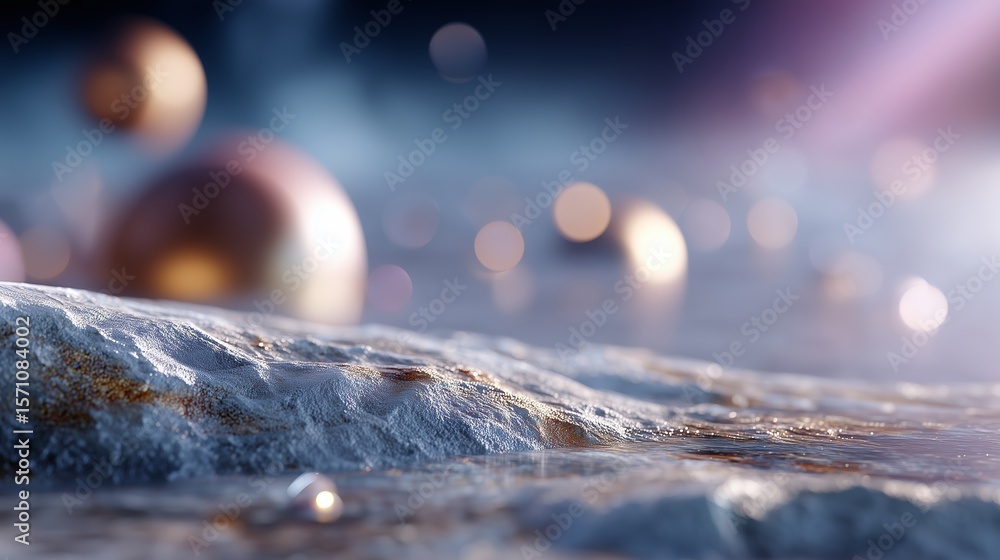 Aufkleber close-up view of a textured surface with reflections and blurred spheres in a serene environment