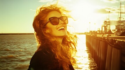 Joyful woman with sun-kissed hair at sunset by the water.