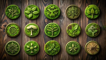 Green Leaf Symbols on Wooden Background