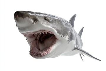 Great White shark with big opened mouth and sharp teeth isolated on white background. Generative Ai