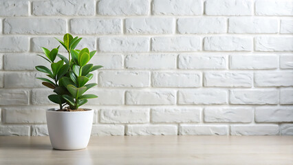 White Brick Wall With a Single Green Potted Plant in a Room