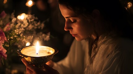 A woman holds a candle in a golden holder, light reflecting on her face.