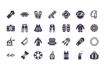 Set of Scuba Diving and Snorkeling Icons. Vector Collection of Diving Equipment, Safety Gear, Underwater Cameras, and Water Sport Symbols
