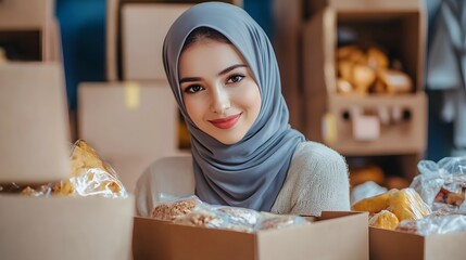 Woman in a gray hijab smiles while surrounded by boxes of food.