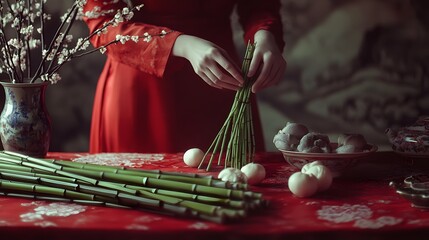 Woman's hands arranging stems of greenery on a red table.