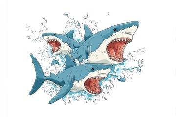 Shark with open mouth full of sharp teeth and water splash. Generative Ai