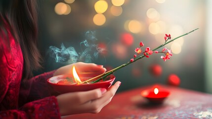 Person holding a red bowl with candle and incense, flowers in the background.