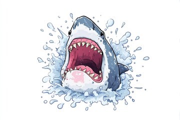 Shark with open mouth full of sharp teeth and water splash. Generative Ai