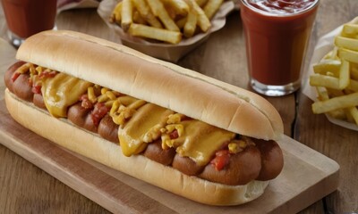 Delicious Chili Cheese Dog on a Wooden Board next to French Fries