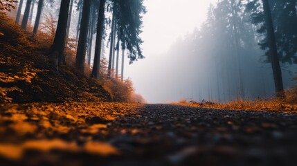 Serene foggy forest pathway lined with vibrant autumn leaves and towering trees in the distance