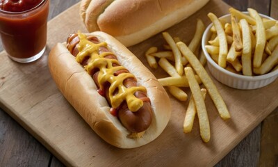 Delicious hot dog with mustard and ketchup, served with fries and sauce on a wooden board